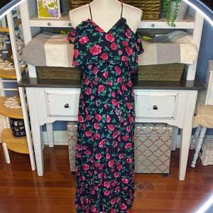 Miami Black/Red/Green Rose Spaghetti Strap Maxi Dress w/Tie Waist Size Large